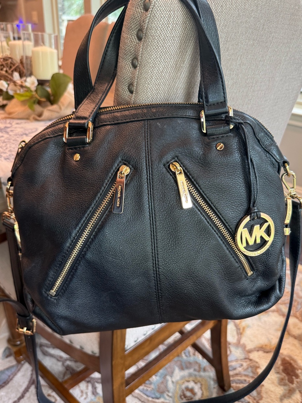 Michael Kors Black Leather Shoulder Satchel with Gold Accents